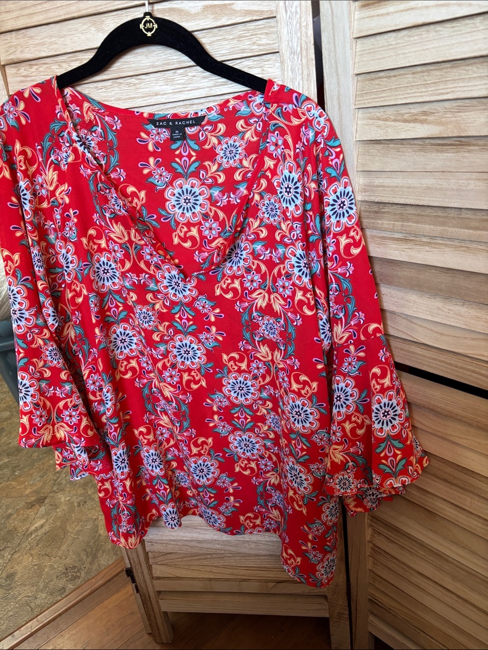Zac & Rachel Red Floral V-Neck Blouse XL